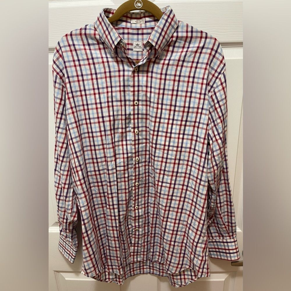 Peter Millar Mens Long Sleeve Button Shirt Size L Red Purple Plaid